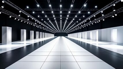 Poster - Runway stage and lighting, fashion catwalk platform, modern architecture interior of design studio or exhibition space, geometric tile floor, empty stage