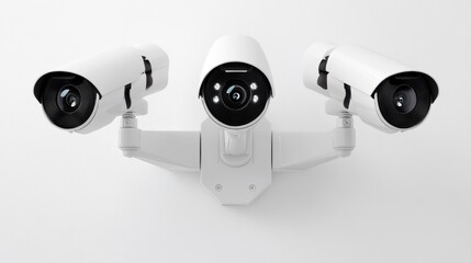 Poster - Three white security cameras mounted on a white wall.