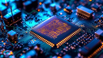 Leinwandbilder - Close-up of a computer processor chip on a circuit board, illuminated with blue and orange light.
