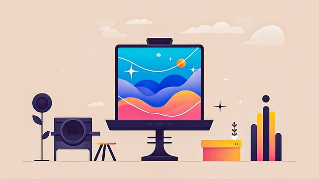 Digital workstation setup with monitor camera and creative tools illustration
