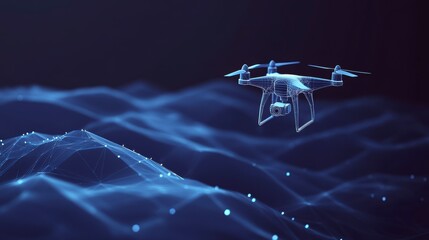 Poster - Wireframe drone flying over a digital terrain.