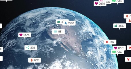 Poster - On start, Earth rotating while notification icons emerging to visualize global social metrics