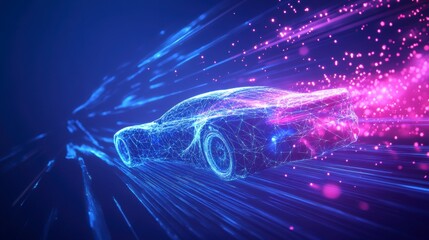 Poster - Futuristic car speeding, light trails, glowing particles, polygonal design.