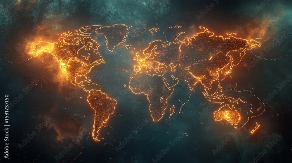 Glowing World Map Illuminated Continents and Countries at Night A fiery ...
