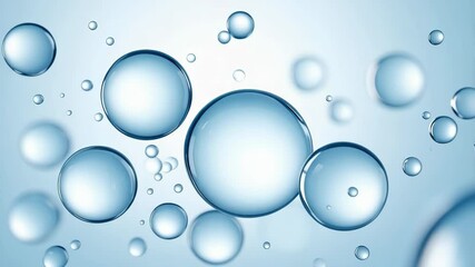 Poster - Numerous transparent blue water spheres of varying sizes floating gracefully in a light blue liquid environment