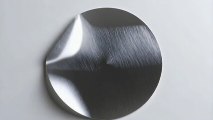 Poster - Abstract silver metallic circle with radial brushed texture and a curled corner, creating a modern geometric design on a neutral background, studio shot.