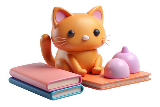 3d cute orange cat with books render