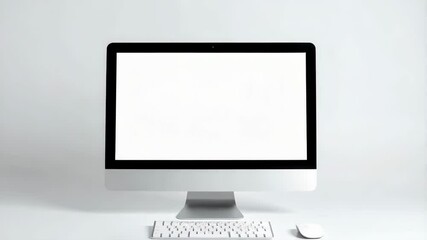 Poster - Sleek desktop computer displaying a blank white screen with wireless keyboard and mouse on a clean gray and white surface, workspace setup