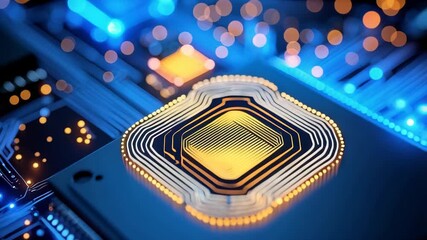 Aufkleber - Macro of Computer Chip, Circuits and Technology Close Up Concept, Blue and Orange Tones