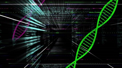 Poster - On startup camera moving in code tunnel with magenta green helices pulsing, visualizing data flow