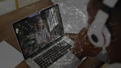 Poster - Woman pointing paper on business call while man in headset watching laptop with network graphic