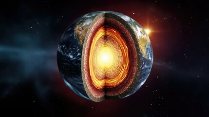 a highly detailed cross-section of planet earth floating in outer space, showing internal layers inc