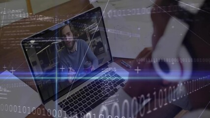 Poster - Logging into tech meeting, user with headphones taking notes while binary code overlay animating