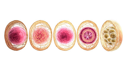 Poster - cell mitosis representing the five stages of division, from interphase to telophase, with transparen