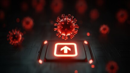 Poster - Virus-laden Download Icon Glows Red in Dark Digital Environment With Empty Upper Layout