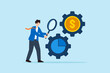 © VZ_Art - Flat illustration of businessman inspecting gear wheels of chart and coin with magnifier to optimize budget mechanism and financial performance