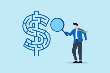 Poster - Flat illustration of businessman inspecting dollar maze with magnifier to navigate financial challenges and budget management strategy