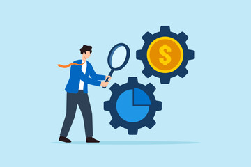 Aufkleber - Flat illustration of businessman inspecting gear wheels of chart and coin with magnifier to optimize budget mechanism and financial performance