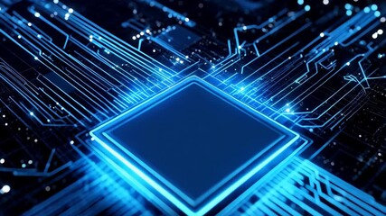Aufkleber - Futuristic glowing blue integrated circuit chip with data pathways for information processing and transfer