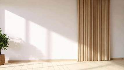 Poster - Bright interior with light streaming through a window, illuminating a potted plant and warm colored curtains, enhancing a tranquil atmosphere