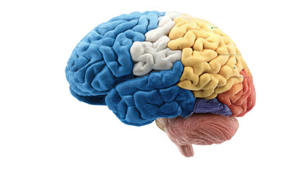 Poster - colorful 3d rendering of a human brain highlighting different lobes, isolated on transparent backgro
