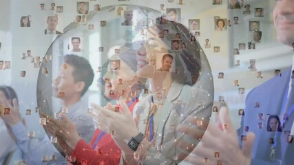 Poster - Business team applauding briefing, starting globe animation forming profile network over colleagues