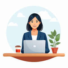 Leinwandbilder - Smiling businesswoman working at a desk with a laptop and a coffee cup illustration