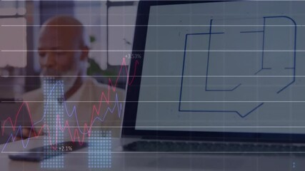 Poster - Man tapping tablet generating finance waveforms and bar graphs while analyzing market trends