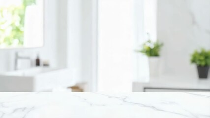 Poster - Minimalist bathroom background featuring marble countertop, blurred sink, window, and green plants.