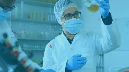 Aufkleber - Female scientist pipetting sample into flask and male scientist inspecting amber solution in lab