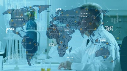 Poster - Senior scientist lifting hand to transparent world map hologram, generating data clusters for study