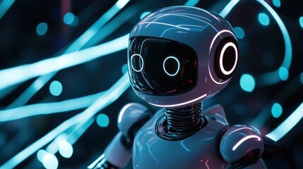 AI robot standing amidst light trail in dark