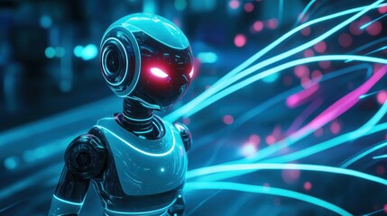 AI robot standing amidst light trail in dark