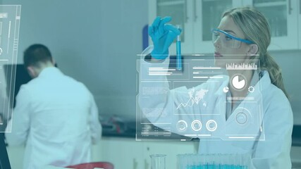 Poster - Female scientist lifting test tube, initiating holographic charts and rotating globe for analysis