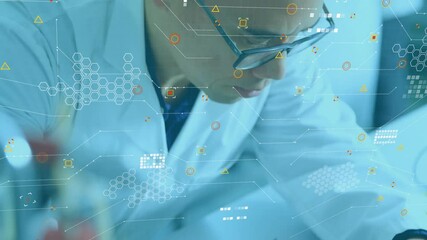 Poster - Lab technician grabbing iron and soldering on pad while data fading and scanning circuit board
