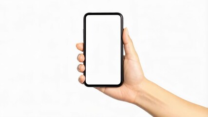 Poster - A woman's hand holding a modern smartphone with a blank, white screen against clean bright white background.
