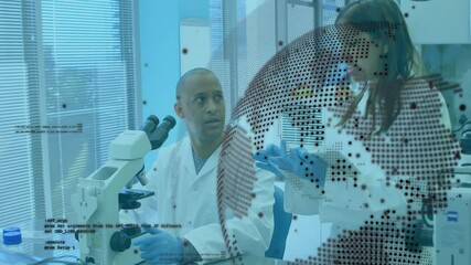 Poster - Lab scientist adjusting microscope focus as colleague tapping tablet, activating data globe overlay
