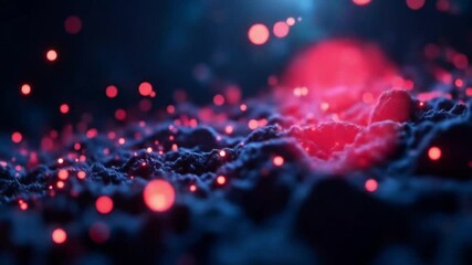 Poster - Abstract 3D Rendering of Glowing Red Particles Floating Over a Blue Terrain