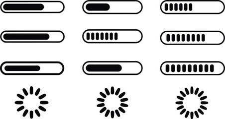 Poster - A set of black and white loading progress bars and spinners on a white background for web design