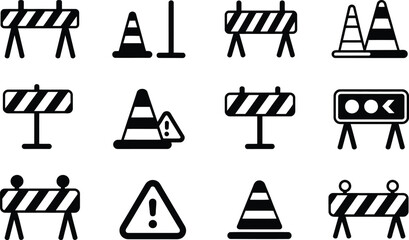 Poster - Simple black and white safety road signs and cones icons representing construction and roadwork