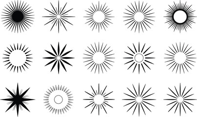 Poster - Collection of diverse sunburst design elements in black and white for retro or vintage creative projects