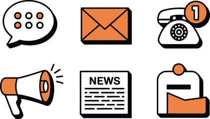 Poster - Collection of stylized communication icons including speech bubble envelope telephone news and mailbox illustrations