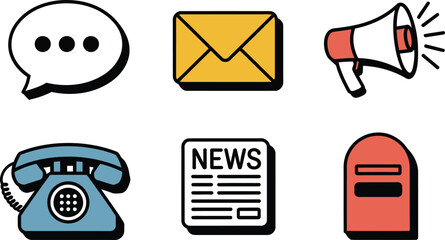 Poster - Diverse communication icons representing messaging email announcements and news delivery in simplified graphic style