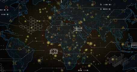 Poster - Yellow points sparking dark backdrop starting turquoise map forming hex clusters and linking data