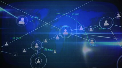 Poster - Radar pulsing central user icon morphing, linking icons, expanding network over blue map backdrop