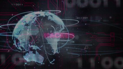 Poster - Cyber backdrop initiating 3D globe rotating, glitching HACKED text, spiraling orbits showing breach
