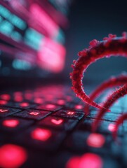 Poster - Virus Tentacle Emerges From Download Bar, Threatening Digital Security on Illuminated Keyboard