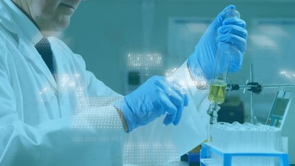 Poster - Lab scientist reaching pipette drawing yellow fluid into tubes with data overlays monitoring prep