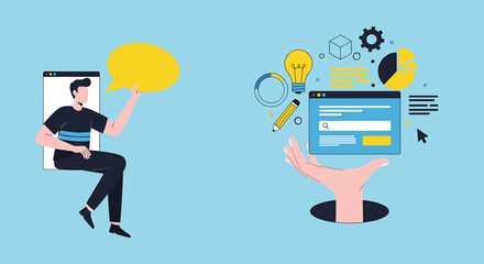 Digital Ideas: A creative concept illustration showing digital marketing with hand holding interface, and the man holding a yellow message bubble in a vibrant color.