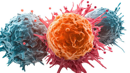 Poster - microscopic view of immune cells attacking a cancer cell, representing immunotherapy treatment, with